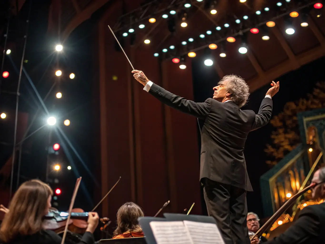 A dynamic image of a conductor leading an orchestra during a rehearsal, capturing the energy and collaborative spirit of the ensemble.