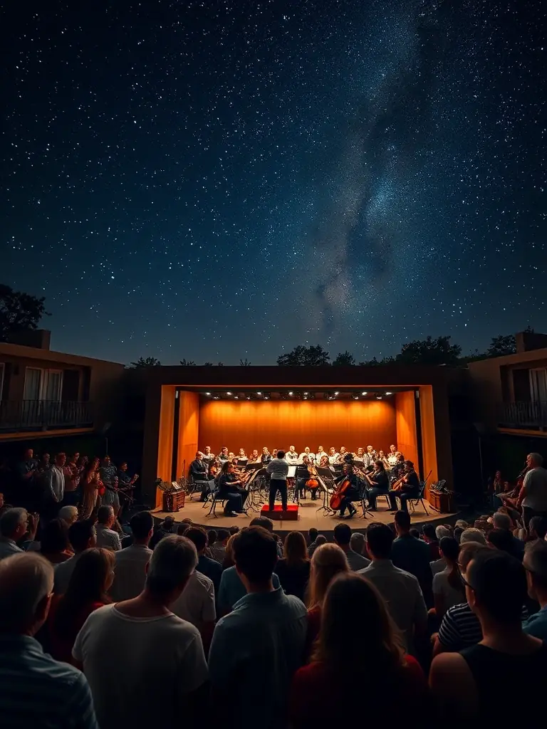 A vibrant image of the Crescendo Symphonic Orchestra performing a concert in a park, with a diverse audience enjoying the music under the open sky.