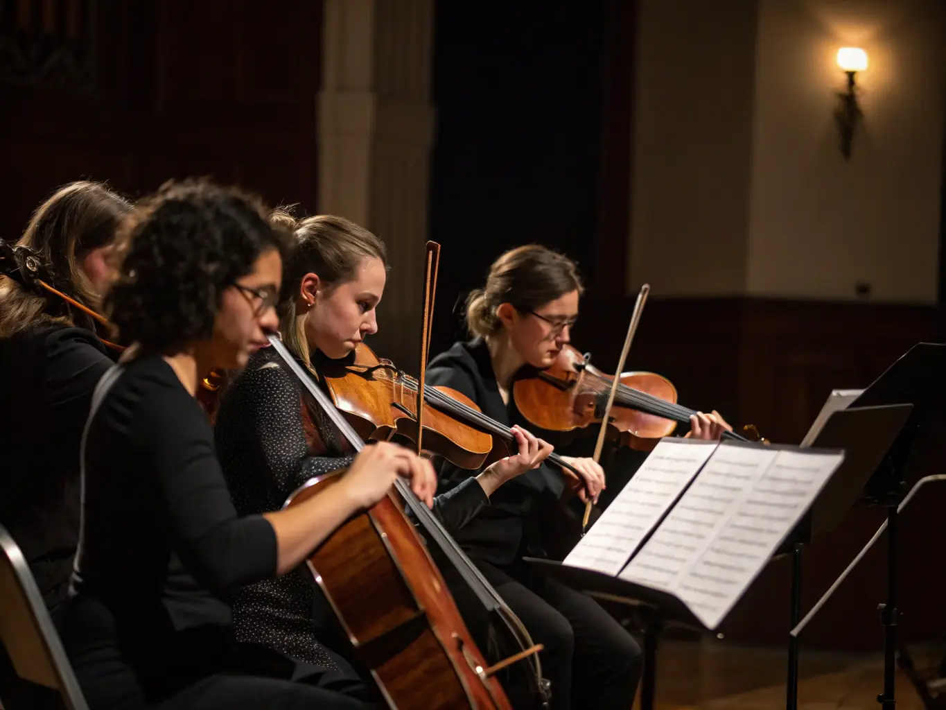 A photograph of a string quartet performing in an intimate setting, showcasing the elegance and precision of chamber music.